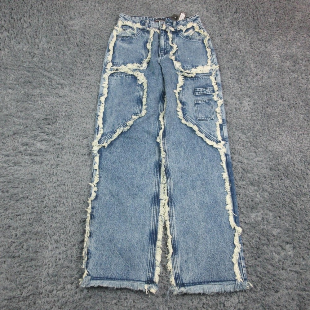 PrettyLittleThing Jeans Womens 0 Blue Mid Wash Frayed Edge Wide Leg 27x33* NWT